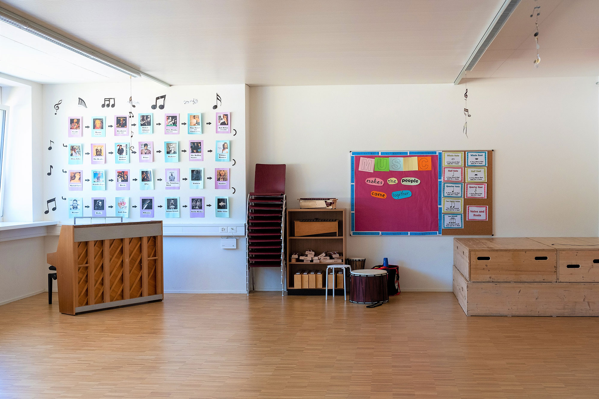 The music room displays various instruments.	