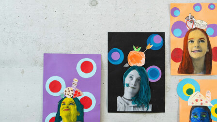 Bildausschnitt einer auf der Wand aufgehängten Kunstarbeit von Schülerinnen und Schülern. Darauf zu sehen sind zwei Collagen mit Mädchen. 	