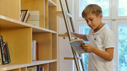A boy stands on a ladder in the school library and picks up a book.